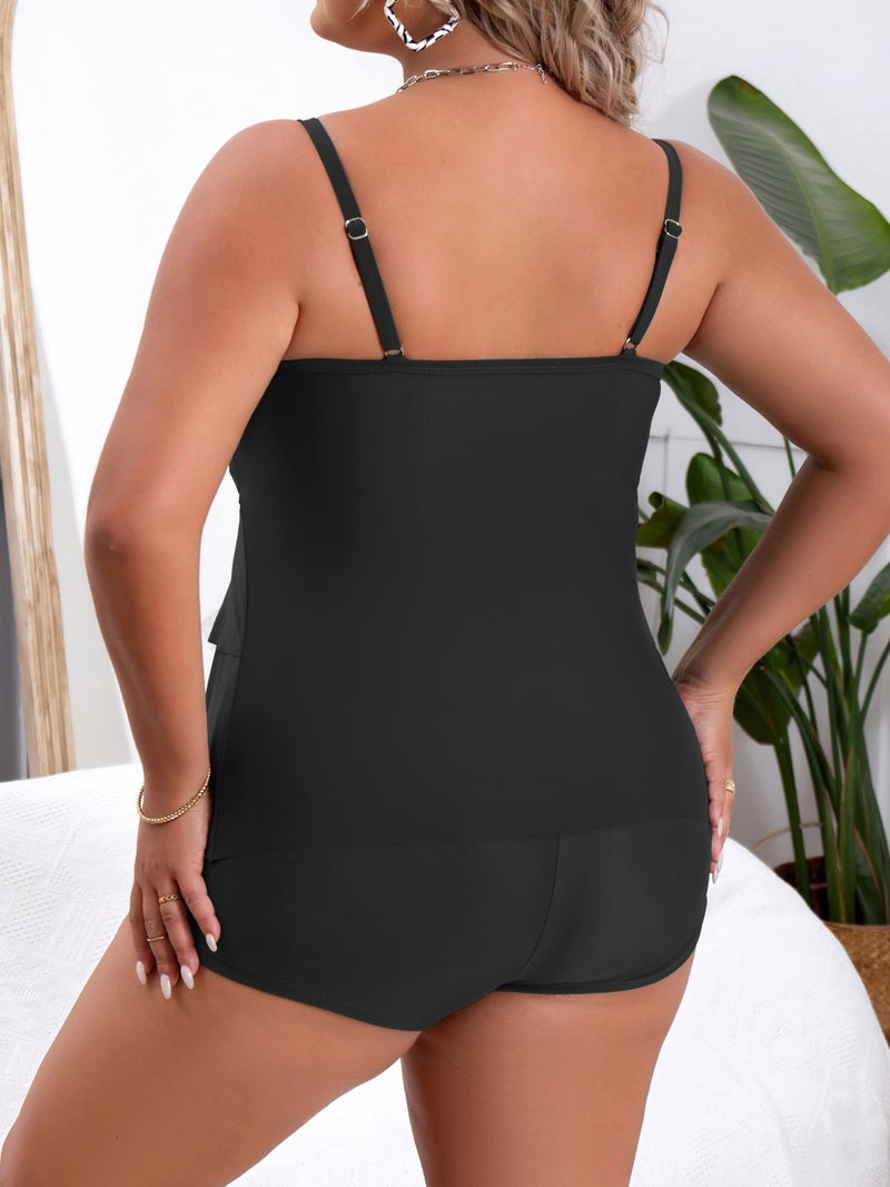 B2prity Women Plus Size Tankini Swimsuits Tummy Control Two Piece Bathing Suit Ruffled Flounce Swimwear with Shorts Black - Image 2